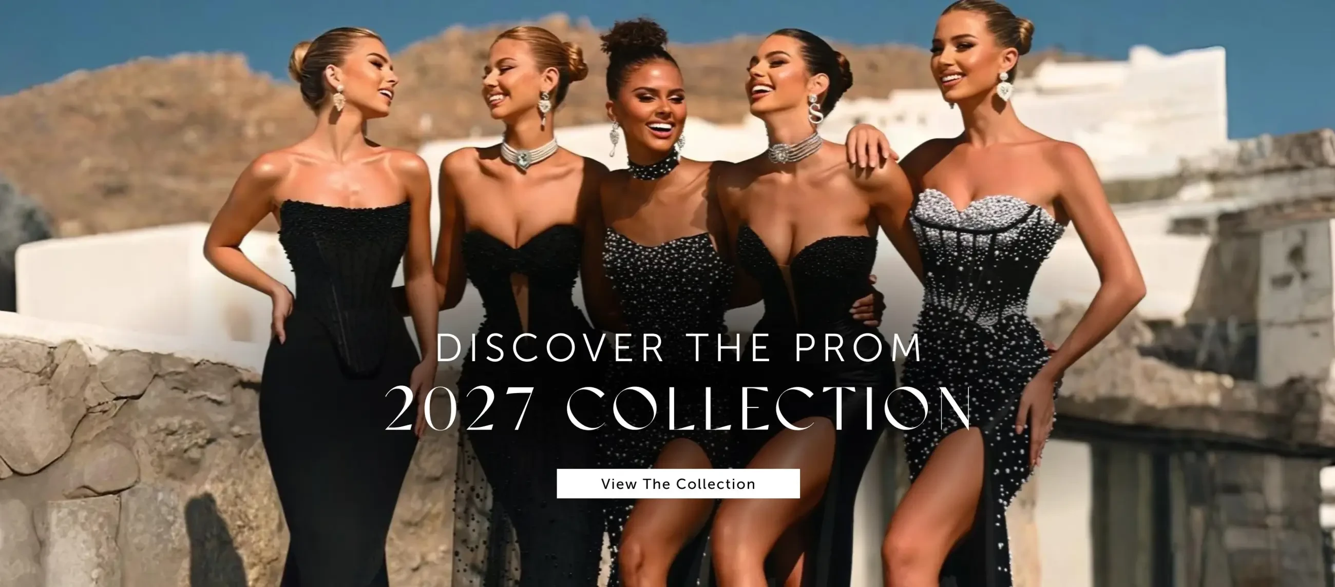 Models wearing prom gowns, spring 2026 prom collection desktop banner