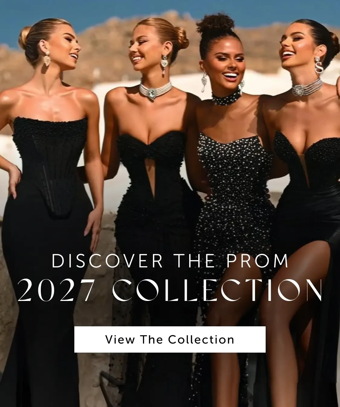 Models wearing prom gowns, spring 2026 prom collection mobile banner
