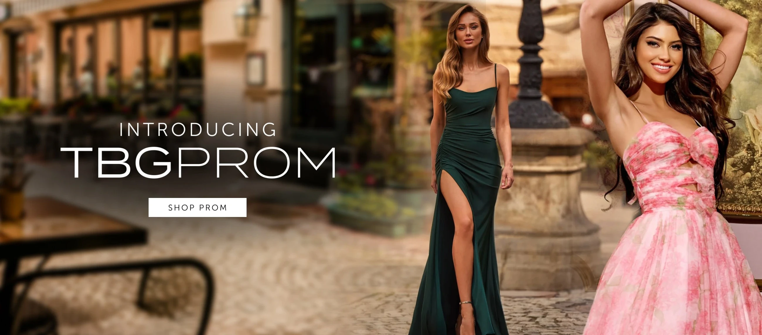 Models wearing La Femme and Jovani Prom dresses, desktop banner